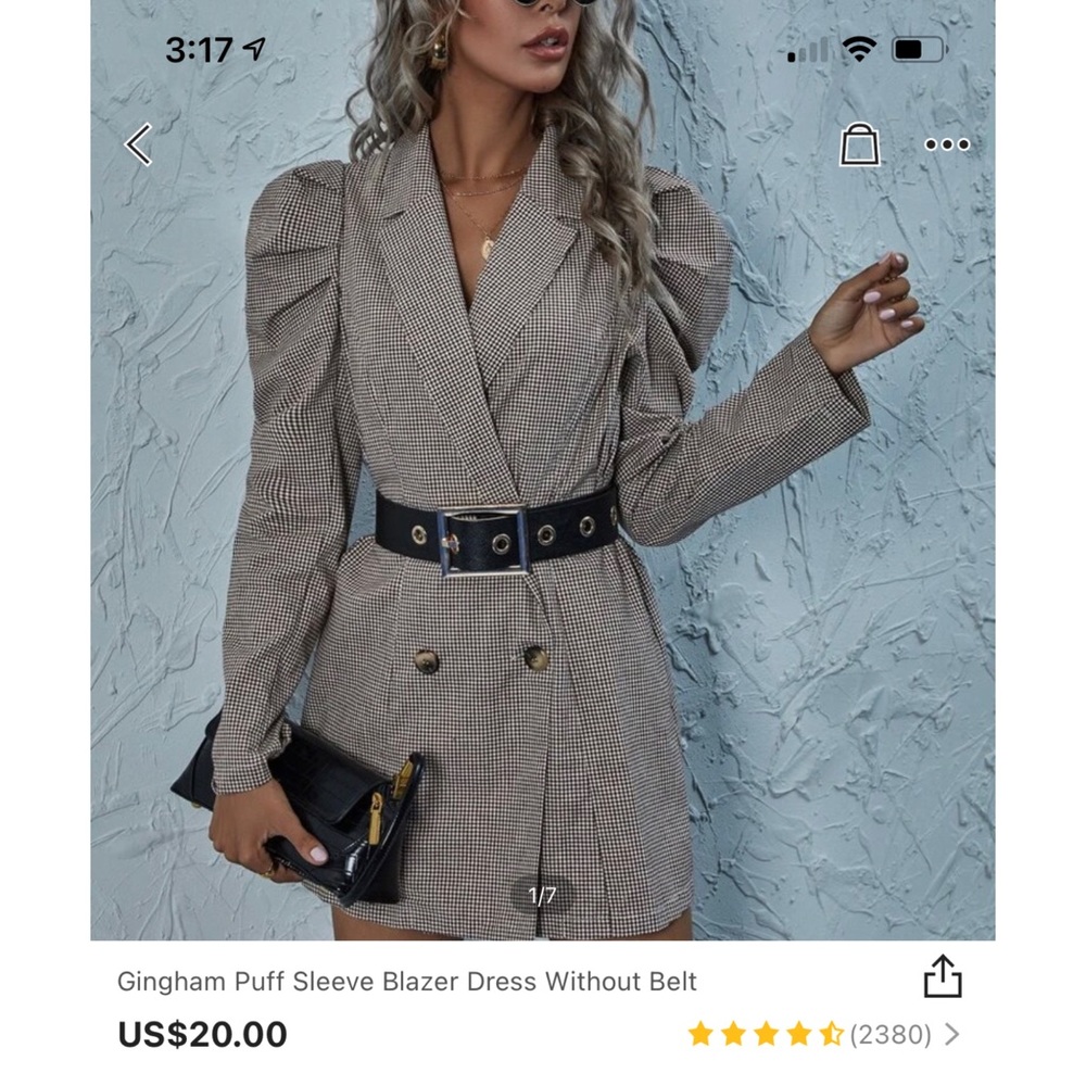 COPY - Gingham Puff Sleeve Blazer dress without belt
